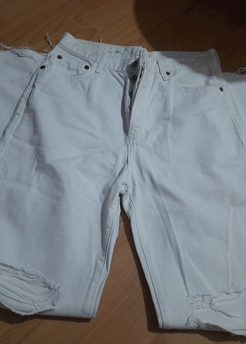 Düğmeli Beyaz  Kadın Kot Pantolon - Görsel 2