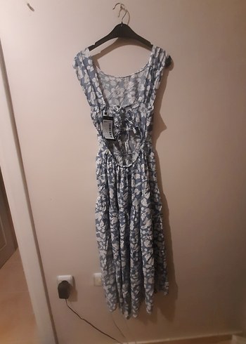 mavi Bağlamalı Desenli Uzun Bohem Elbise - Görsel 2