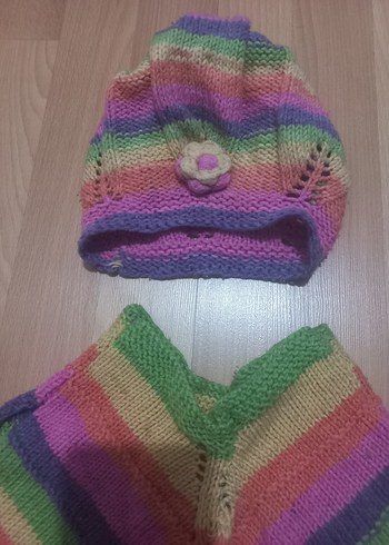 Renkli Örgü Kız Panço ve Bere Seti - Görsel 3