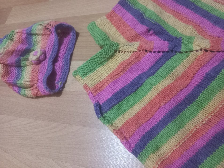 Renkli Örgü Kız Panço ve Bere Seti - Görsel 4