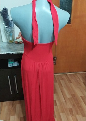 Kırmızı Kayık Yaka Uzun Drapeli Elbise - Görsel 5