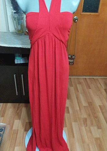 Kırmızı Kayık Yaka Uzun Drapeli Elbise - Görsel 2