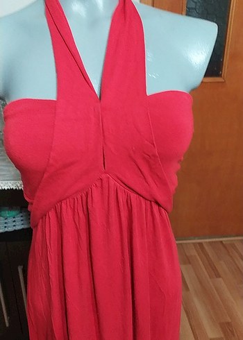 Kırmızı Kayık Yaka Uzun Drapeli Elbise - Görsel 3