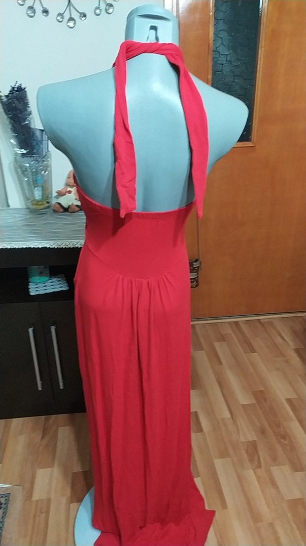 Kırmızı Kayık Yaka Uzun Drapeli Elbise - Görsel 5