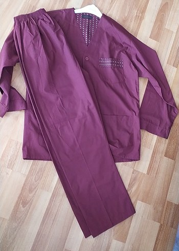 Bordo Erkek Pijama Takımı, Düğmeli, Uzun Kollu - Görsel 4