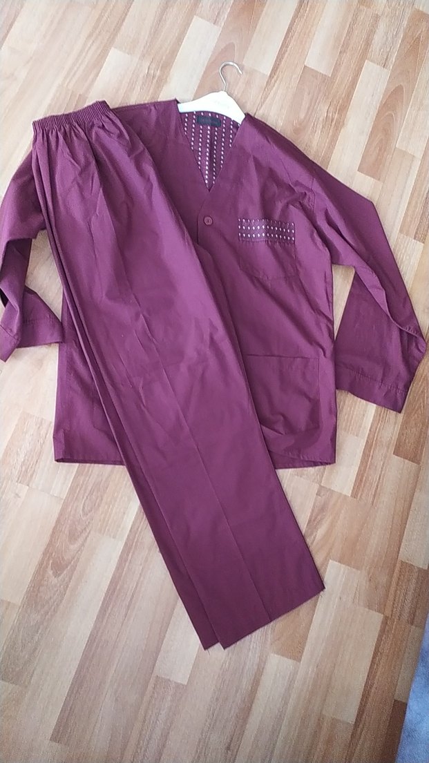 Bordo Erkek Pijama Takımı, Düğmeli, Uzun Kollu - Görsel 4