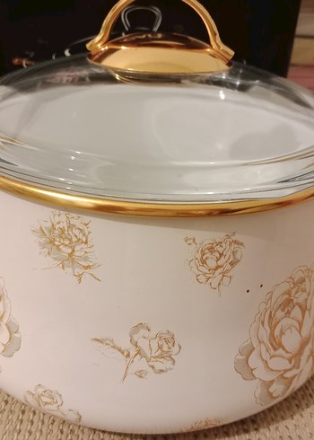 Beden Gold Gül Desenli Cam Kapaklı Emaye Tencere 20cm