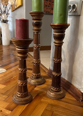 Koyu Kahverengi Ahşap Mumluk Seti - Görsel 2