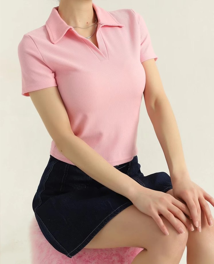 Pembe V Yakalı Kısa Kollu Denim Tişört - Görsel 3
