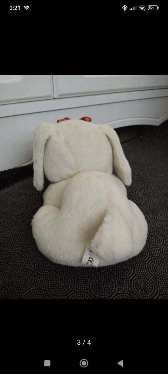 Kırmızı Fiyonk Detaylı Beyaz Peluş Oyuncak Köpek - Görsel 3