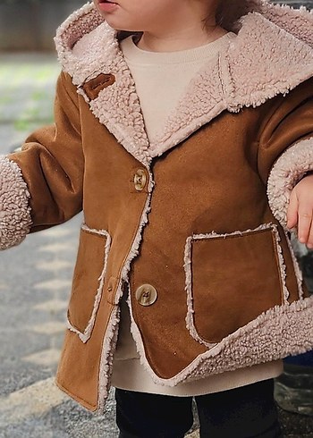 Kız Çocuk Kahverengi Kürklü Süet Ceket - Görsel 2