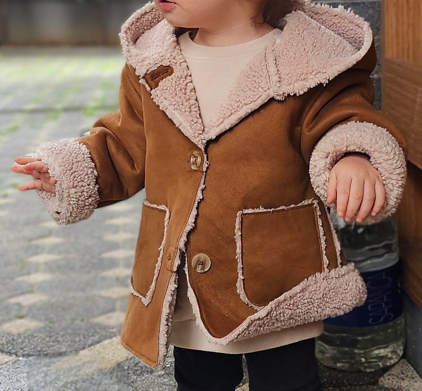 Kız Çocuk Kahverengi Kürklü Süet Ceket - Görsel 2