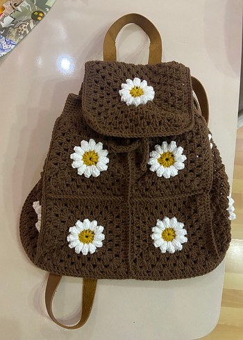 Beden Kahverengi Örgü Çiçekli Bohem Sırt Çantası