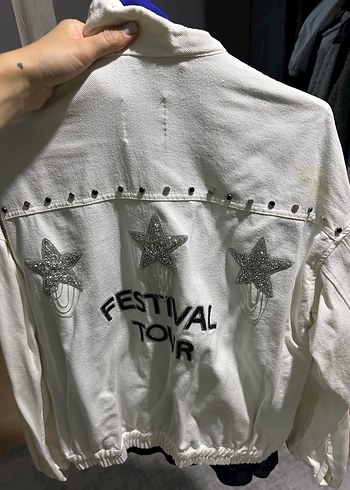m Beden Beyaz Kadın Nakışlı Denim Ceket