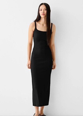 BERSHKA Askılı Kare Yaka Midi Elbise