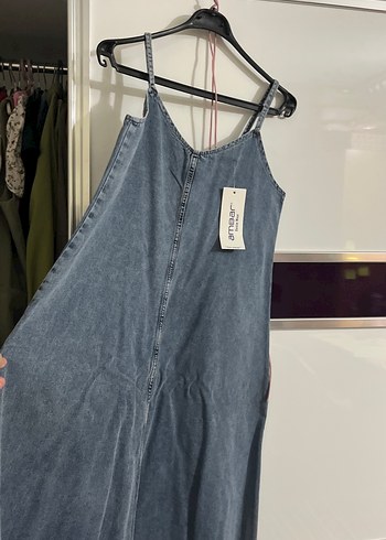 m Beden Mavi Denim Askılı jile. Elbise
