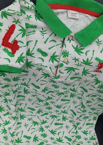 13-14 Yaş Beden yeşil Renk Erkek Çocuk Yeşil Desenli Polo Tişört