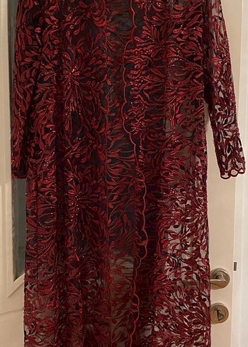 Bordo İşlemeli Uzun Kollu  Uzun Elbise - Görsel 7