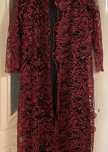 Bordo İşlemeli Uzun Kollu  Uzun Elbise - Görsel 2