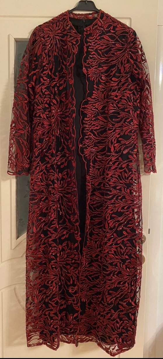 Bordo İşlemeli Uzun Kollu  Uzun Elbise - Görsel 2