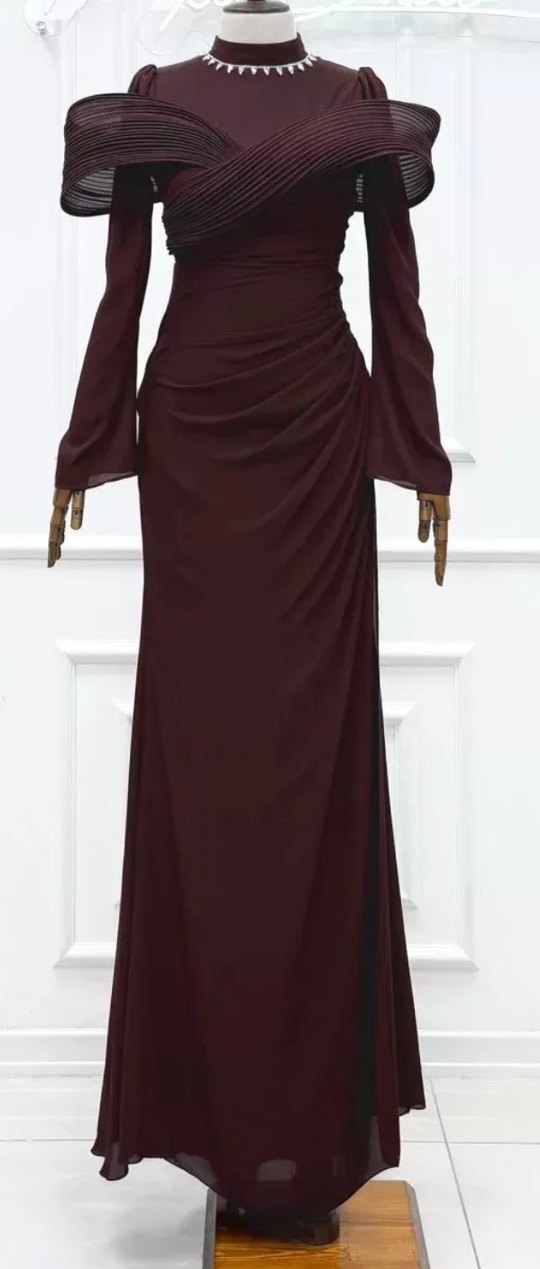 Bordo Uzun Kollu Drapeli Kadın Elbise - Görsel 3