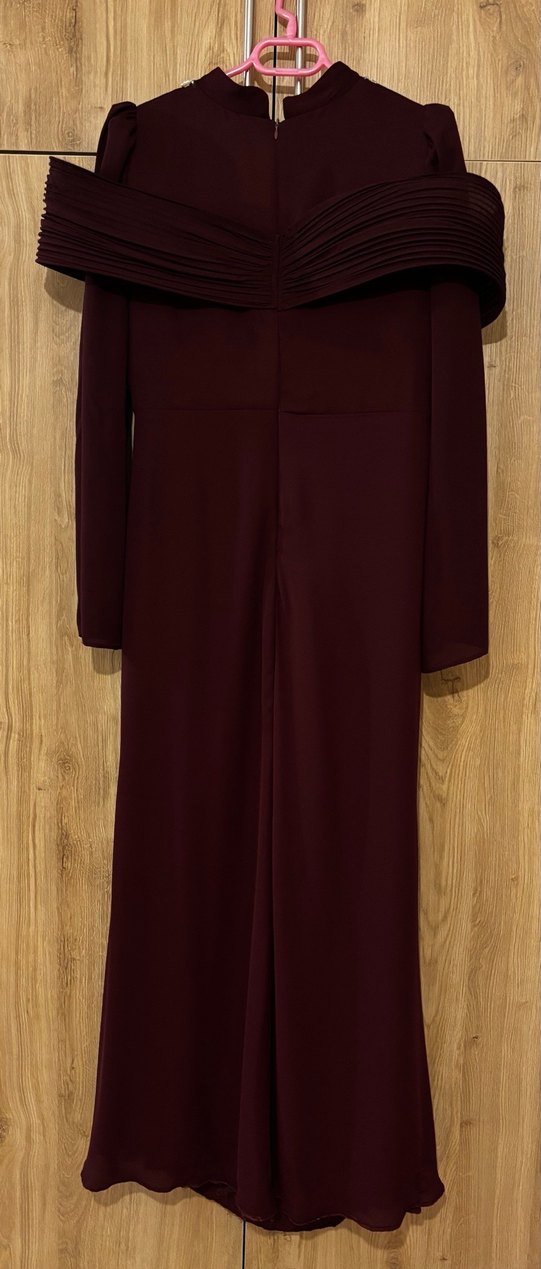 Bordo Uzun Kollu Drapeli Kadın Elbise - Görsel 2
