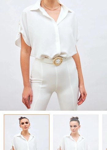 Beyaz V Yaka Kısa Kollu Kadın Gömlek - Görsel 4