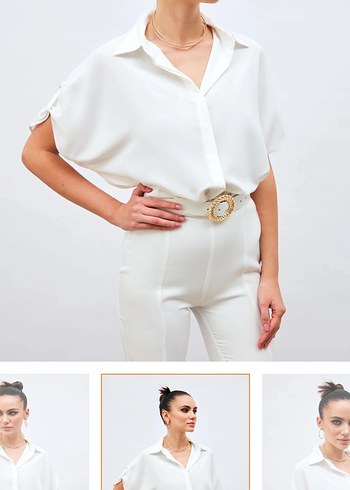 Beyaz V Yaka Kısa Kollu Kadın Gömlek - Görsel 3