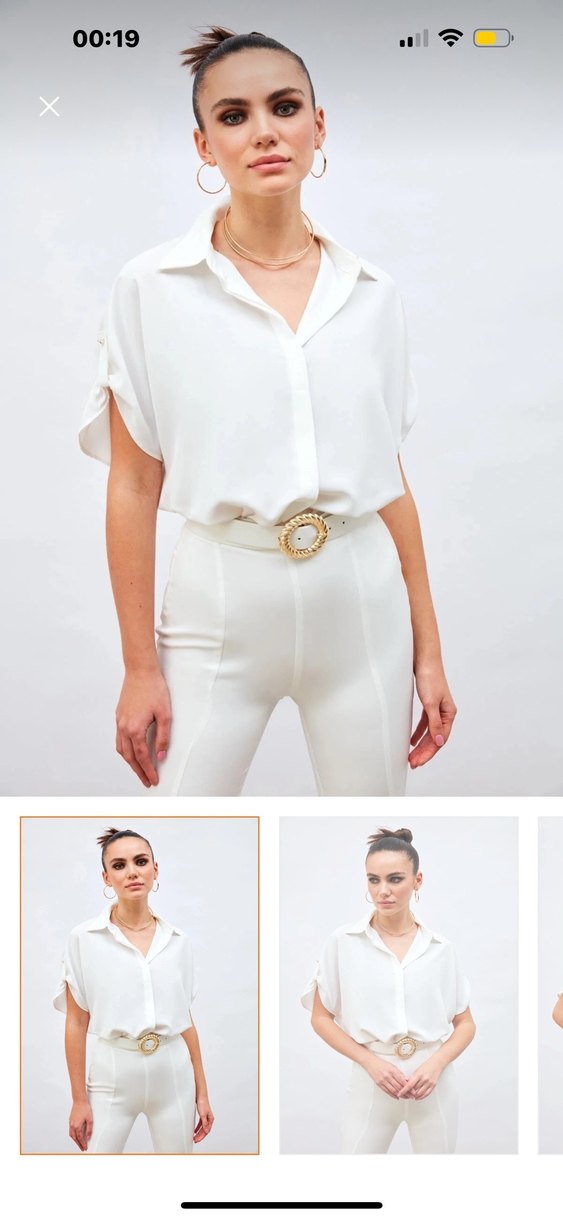 Beyaz V Yaka Kısa Kollu Kadın Gömlek - Görsel 4