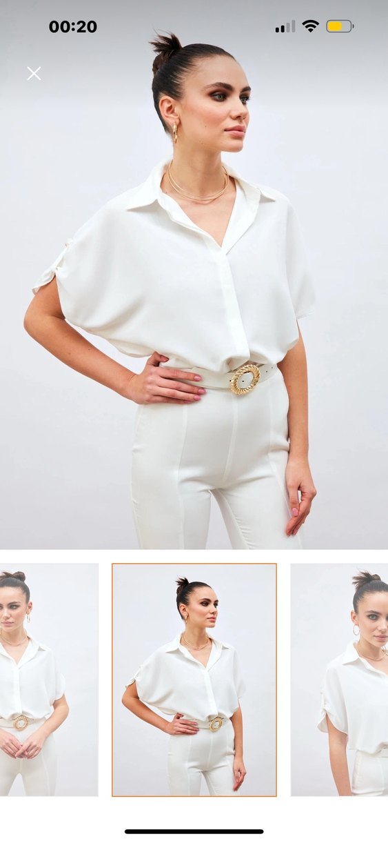 Beyaz V Yaka Kısa Kollu Kadın Gömlek - Görsel 3