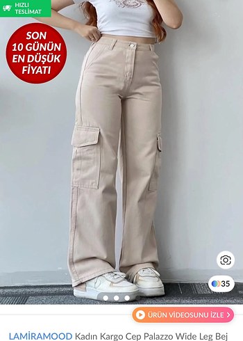 LAMİRAMOOD Kadın Bej Kargo Cep Palazzo Pantolon - Görsel 2