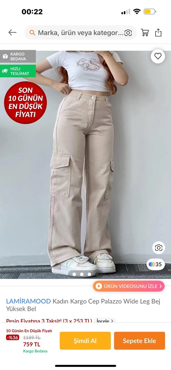 LAMİRAMOOD Kadın Bej Kargo Cep Palazzo Pantolon - Görsel 2