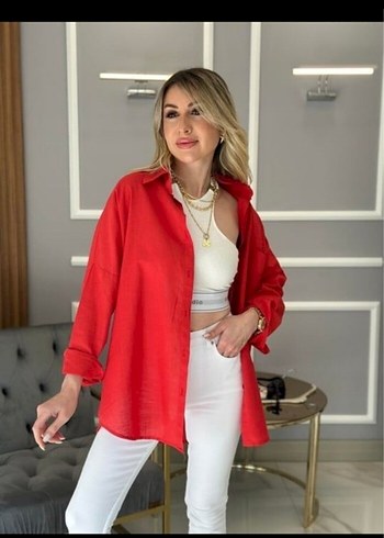 H&M Kadın Kırmızı Keten Düğmeli Gömlek