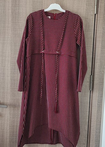Bordo Çizgili Uzun Kollu Piliseli Kadın Tunik