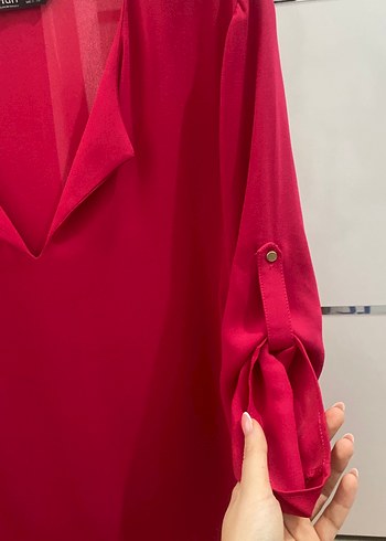 Kırmızı V Yaka Uzun Kollu Salaş Bluz - Görsel 3