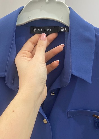 Mavi Uzun Kollu Düğmeli Kadın Gömlek - Görsel 3