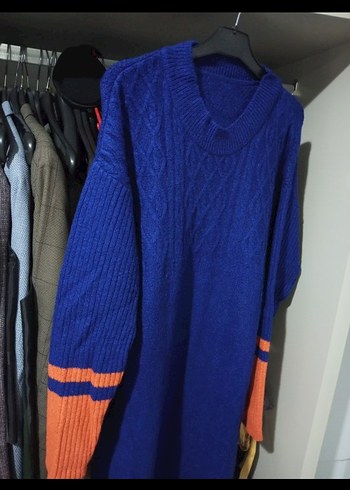 Uzun Kollu Mavi Örgü Kadın Kazak - Görsel 2