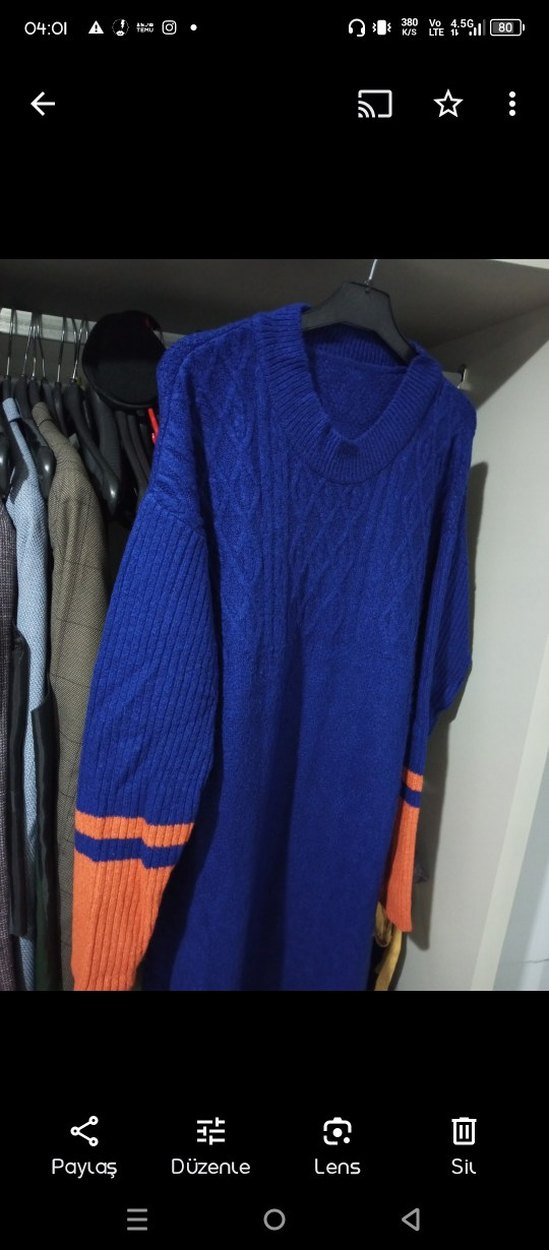 Uzun Kollu Mavi Örgü Kadın Kazak - Görsel 2