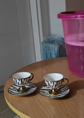 Beyaz Siyah Çizgili Altın Detaylı 2'li Fincan Seti - Görsel 2