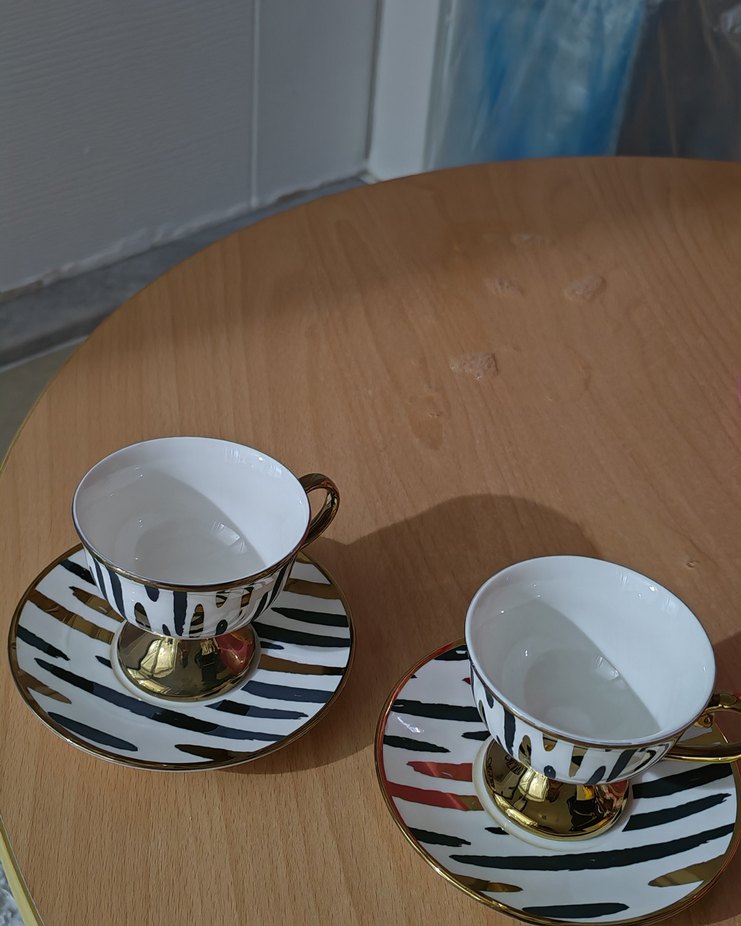 Beyaz Siyah Çizgili Altın Detaylı 2'li Fincan Seti - Görsel 3