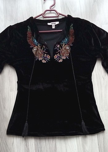 Uzun Kollu İşlemeli Siyah Bohem Bluz - Görsel 4