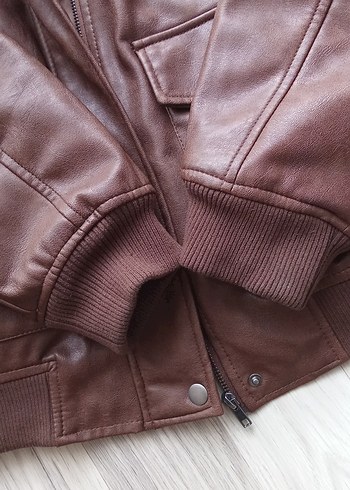 Düğmeli Kahverengi Kadın Deri Biker Ceket - Görsel 5