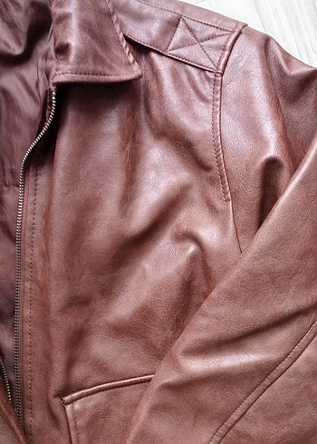 Düğmeli Kahverengi Kadın Deri Biker Ceket - Görsel 6