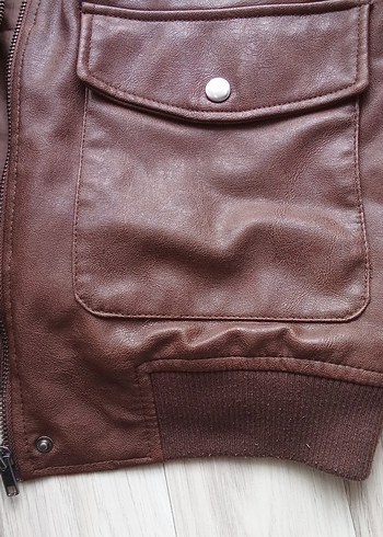 Düğmeli Kahverengi Kadın Deri Biker Ceket - Görsel 4