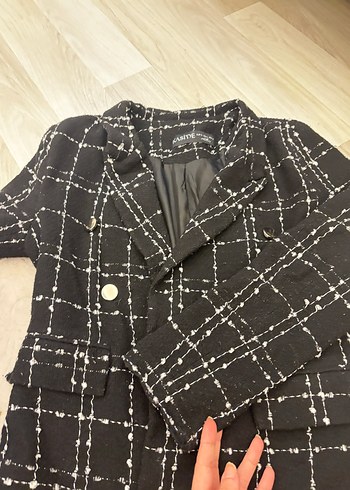 Düğmeli Siyah Kareli Midi blazer ceket - Görsel 2
