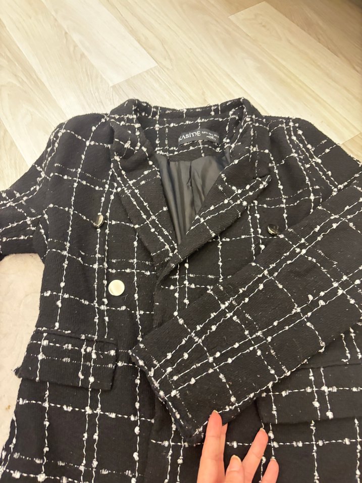 Düğmeli Siyah Kareli Midi blazer ceket - Görsel 2
