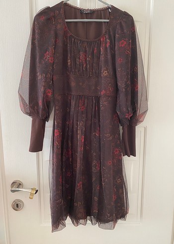 Kahverengi Uzun Kollu Vintage Bohem Elbise
