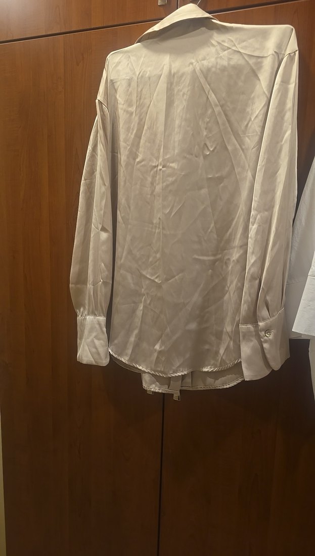 Düğmeli Bej Saten Kadın Gömlek - Görsel 3