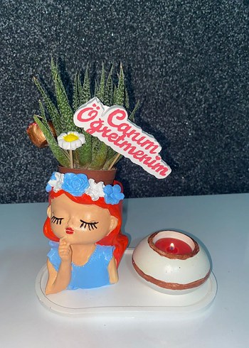 Turkuaz Pastel Figür Saksı ve Mumluk - Görsel 2