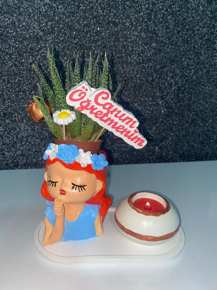 Turkuaz Pastel Figür Saksı ve Mumluk - Görsel 2